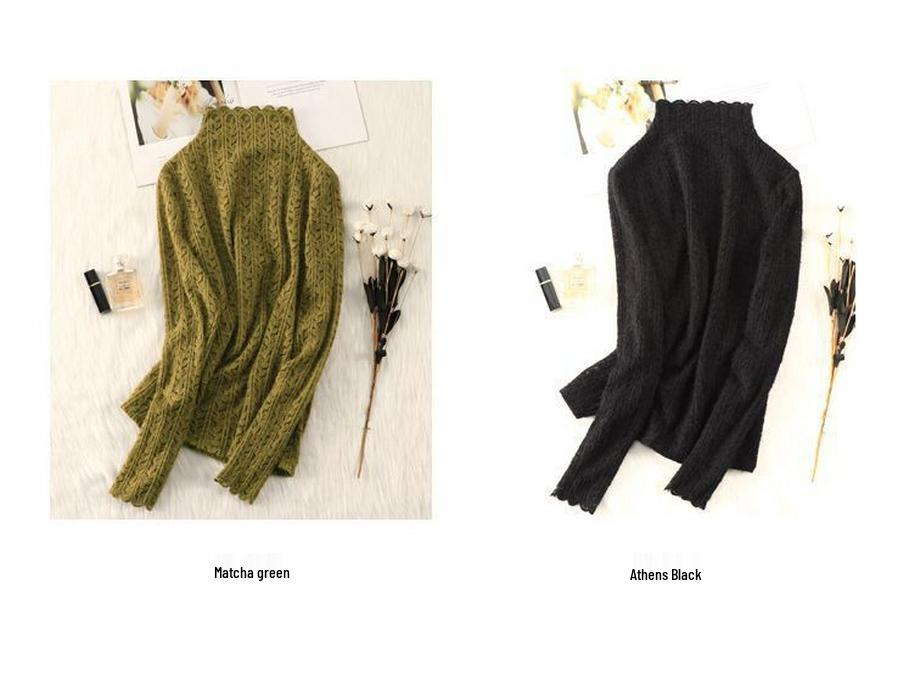 Топ из сетки с высоким воротником и кружевом с начесом для женщин - Модный осенне-зимний слой