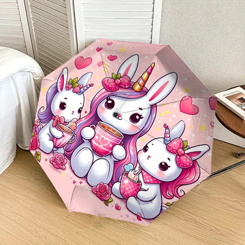 1pc Unicorn Bunny Tea Party Umbrella with Plastic Handle,Suitable for All Seasons Home Travel Outdoor UmbrellaDD906