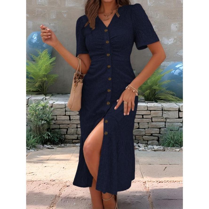 Женские модные летние весенние однотонные повседневные платья с v-образным вырезом и короткими рукавами и высокой талией