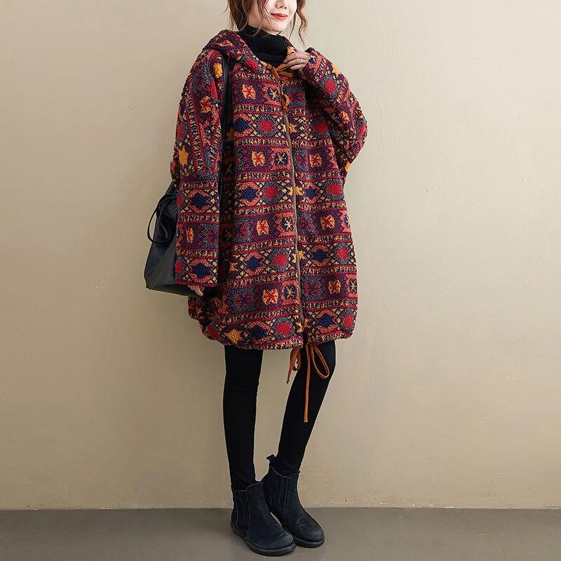 DIMANAF Женские пальто 2022 Большие размеры Зимние новые кашемировые куртки Пальто с рождественским узором и принтом Парка Дизайн Теплая флокированная верхняя одежда больших размеров