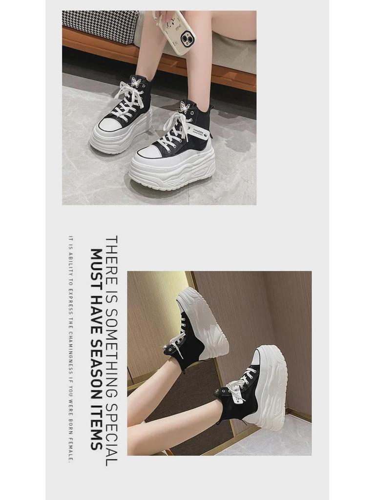 Осень 2024 г. Женские высокие повседневные кроссовки на толстой подошве, визуально увеличивающие рост, с круглыми носами для уличного стиля.
