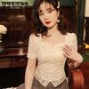 Brand Summer Women's French Vintage Lace Blouse Short Sleeve Floral Embroidered Square Neckline Plunging Collarbone Chic Blouse
