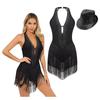 Womens Two Piece Jazz Tango Latin Cha-Cha Dance Party Performance Stage Costume Outfits Tassel V Neck Bodysuit with Sequin Hat