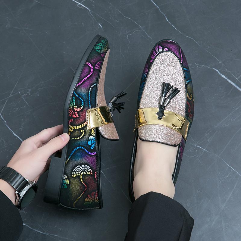 Mens Spring Tassel Pointed Shoe Golden Nightclub Casual Shoes Loafers Mens Shoes Slip-on Lightweight  Shoes Zapatos De Hombre