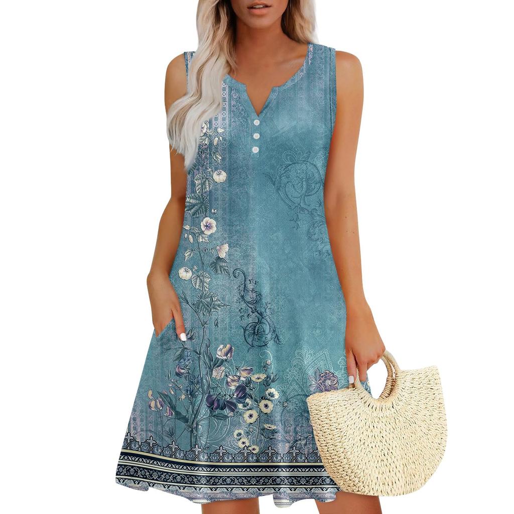 Женские летние платья Свободные сарафаны без рукавов с V-образным вырезом Платье с карманами