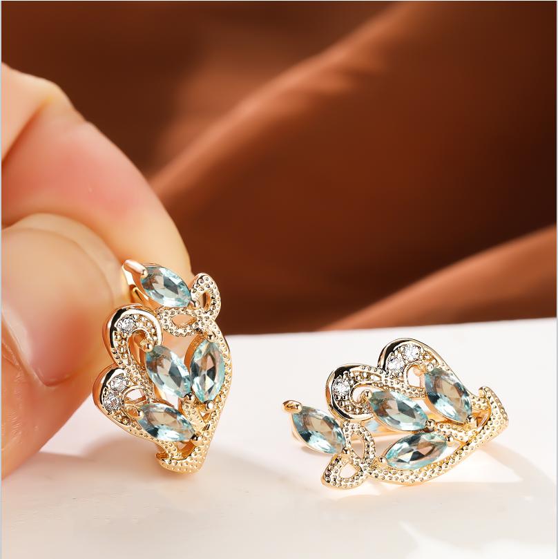 1 пара серег золотого цвета с радужным камнем и цветочным узором в виде листьев, красные, желтые, синие, зеленые, висячие полые серьги с камнями