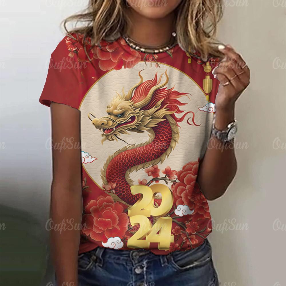 Женская футболка с принтом 3D-дракона в китайском стиле, новый пуловер для женщин с круглым вырезом, повседневный короткий рукав, 2024, модные уличные топы