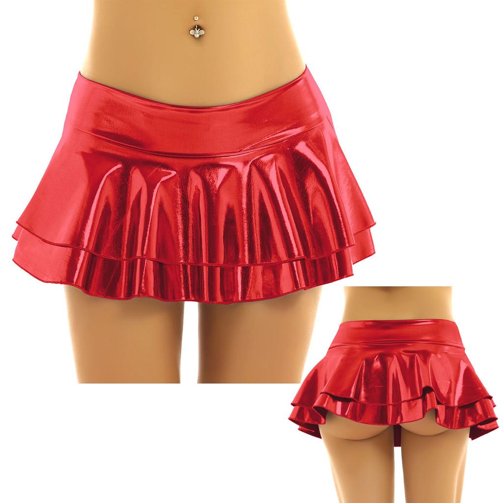 Женская сексуальная металлическая мокрая кожаная многослойная плиссированная мини-юбка с рюшами