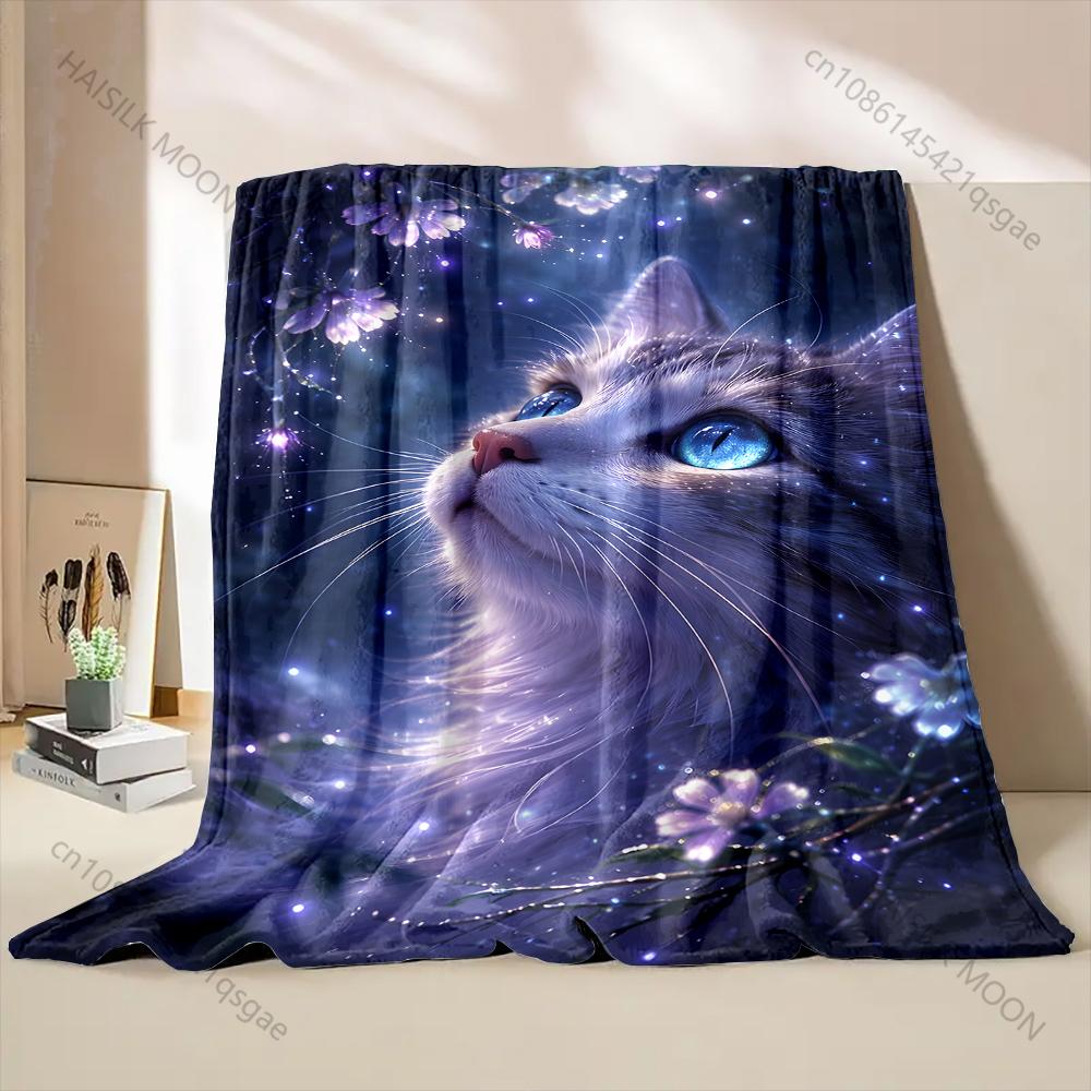 Cat gazes at starry night Print Blanket Warm Soft Fluffy Kids and Adult Sofa Bed Throw Blanket for Home Travel Camping Gifts