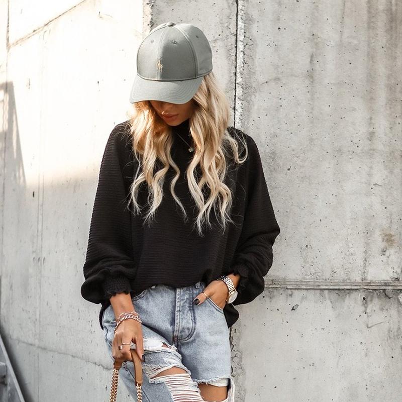 Fashion Ruffles Long Sleeve High Collar Solid Color Women Office Casual Pullover Shirt Blouse Top