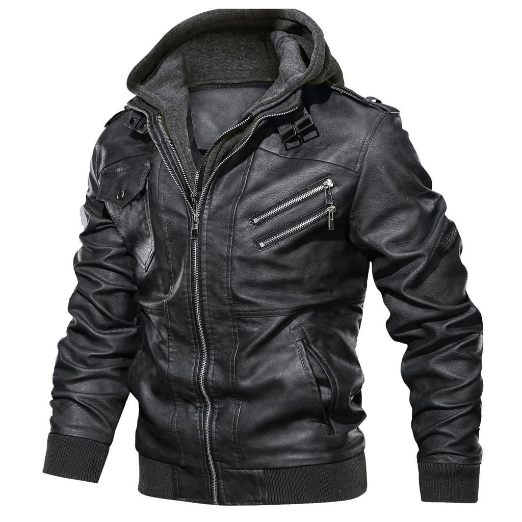 Men's Fall/Winter Double-Decker Trend Locomotive Casual Leather Jacket Hooded Coat Large Size