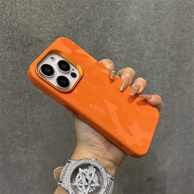 Камуфляжный кожаный чехол Magsafe для iPhone 13 14 15pro 12 13Pro 14pro max, матовый противоударный чехол с покрытием объектива, с беспроводной зарядкой