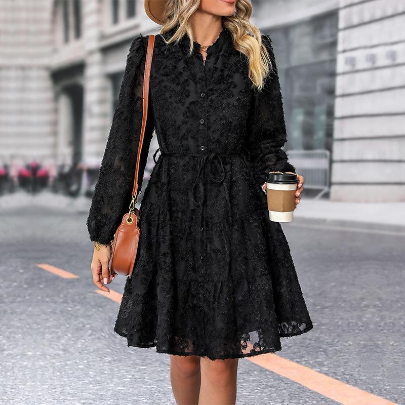 Spring and Summer Elegant Retro Lace Long Sleeve Dress Women Fashion A Line Casual Loose Dresses Women Slim Fit Solid Party Club Female Dress 26645