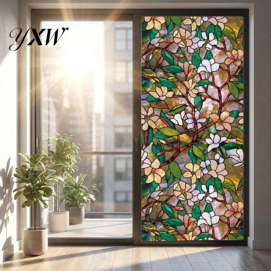 Decorative Window Privacy Film Static Glass Sticker, Colored Flower Texture Film, UV Cling Light Blocking Waterproof Dustproof Decal for Home