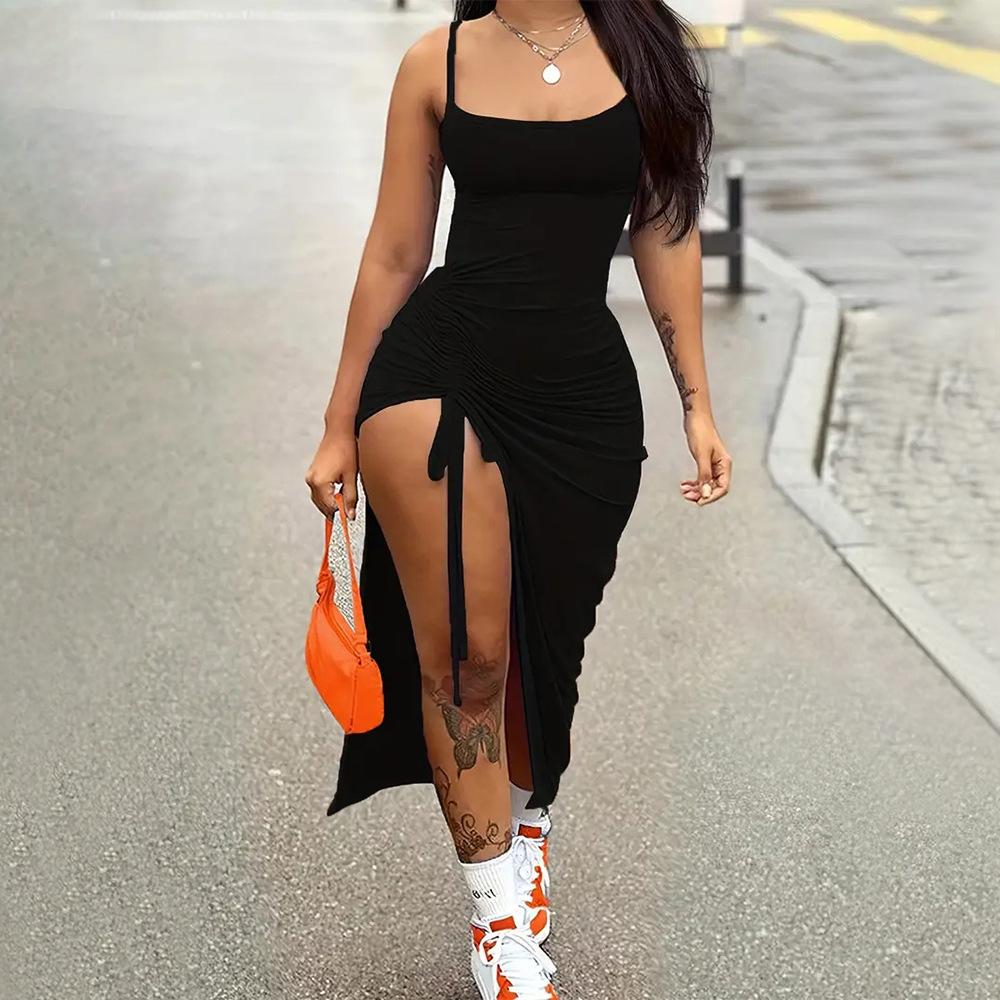 Summer Spice Girl Suspender Dress Side Drawstring High Split Fork Slim Skinny Hips One-step Long Dress