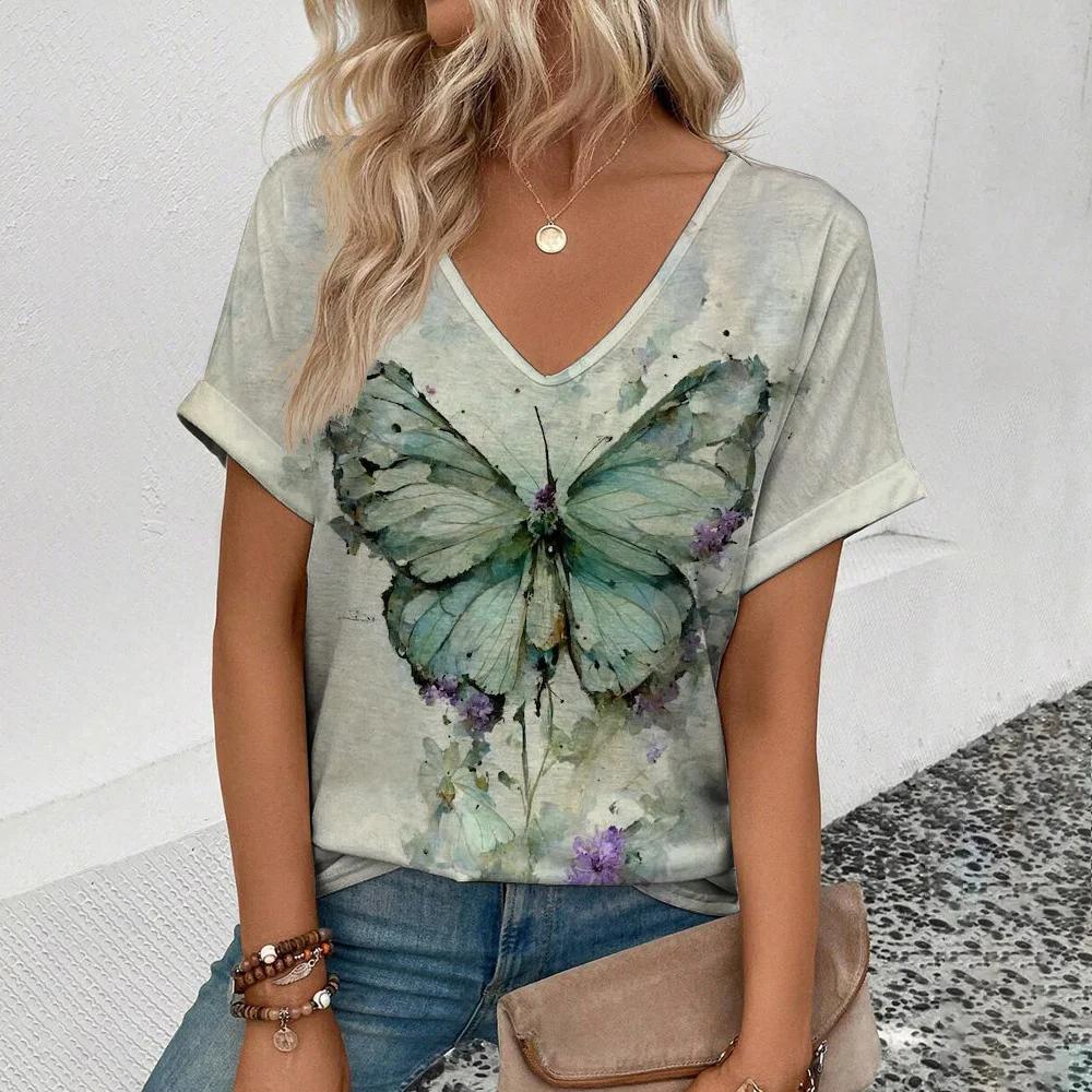 Summer Women T-shirt Butterfly Pattern V-Neck Tops Tees Female Fashion Trend Short Sleeve Clothing Ladies Daily Casual Outfit