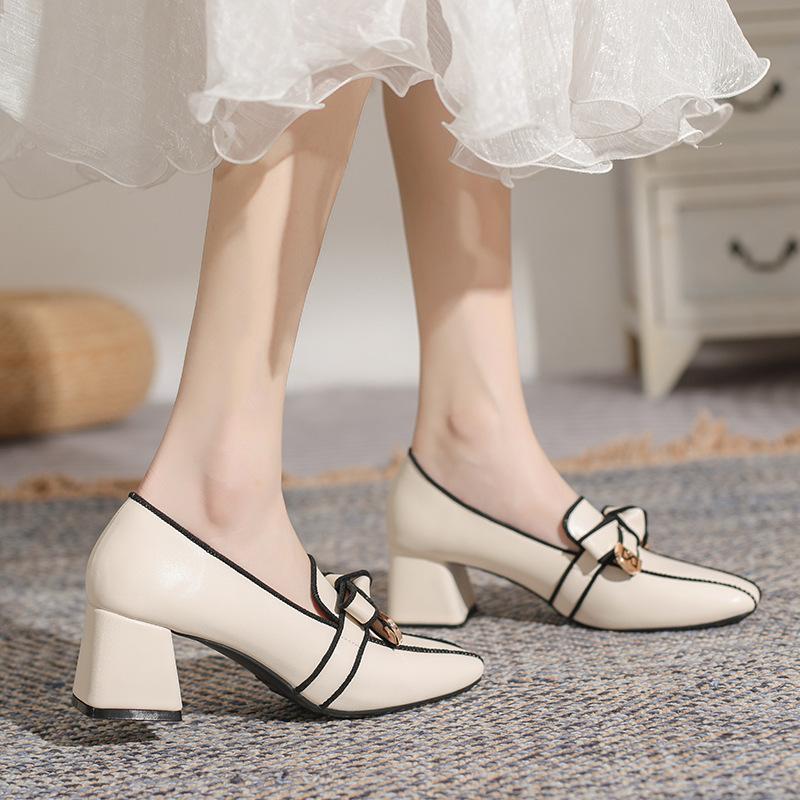2024 2024 Новинка 2024 года Французские ретро туфли на высоком каблуке из натуральной кожи Женские босоножки на толстом каблуке с квадратным носком Туфли на высоком каблуке