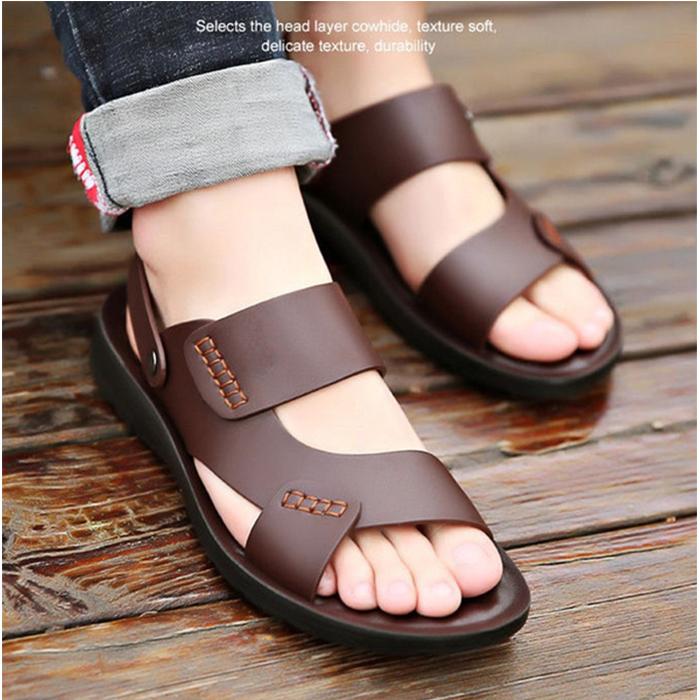 Летние модные кожаные сандалии мужские нескользящие повседневные шлепанцы кожаные сандалии летняя дышащая дорожная обувь мужские пляжные сандалии