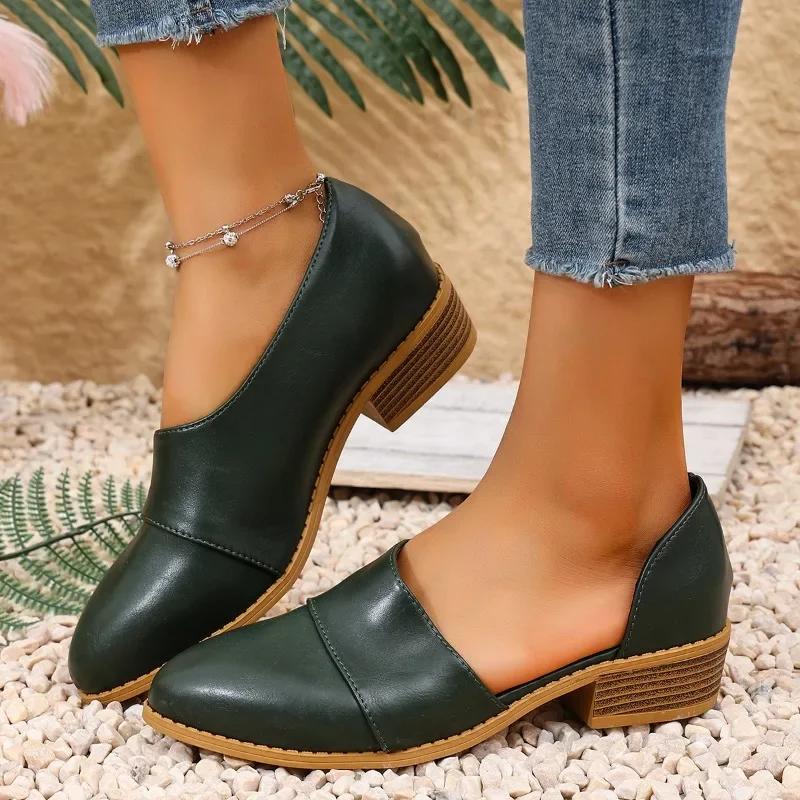 2025 Лето Новые Модные Кожаные Женские Туфли Повседневные Большие Размеры 43 Туфли С Острым Носом На Толстом Каблуке Платформа Каблуки Zapatos De Mujer