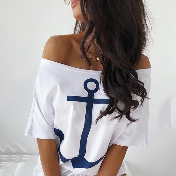 Модные женские туфли с рисунком якоря, футболка с открытыми плечами и полосатая макси-юбка, комплекты из двух частей, платье больших размеров