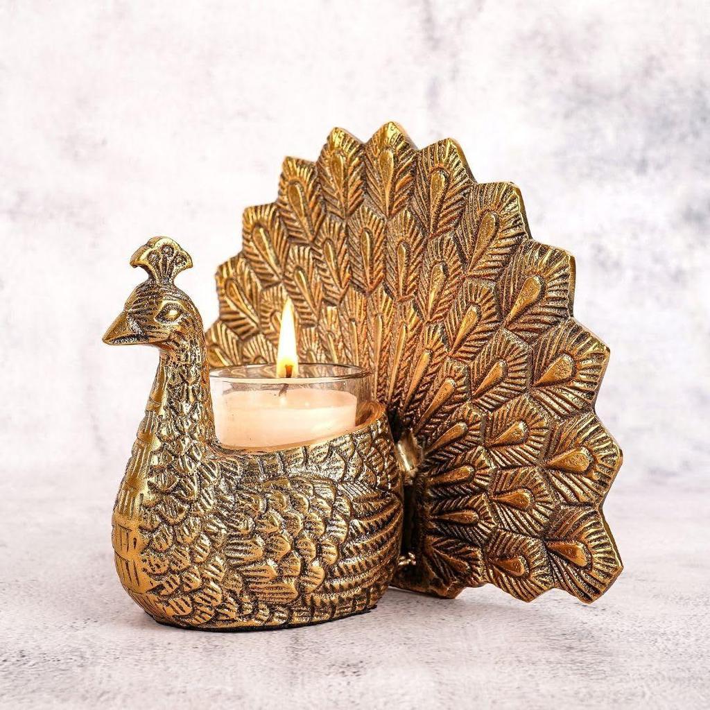 Metal Dancing Peacock Figurine for Good Luck and Love | Candle Holder for Home Dcor Tabletop Living | Showpiece