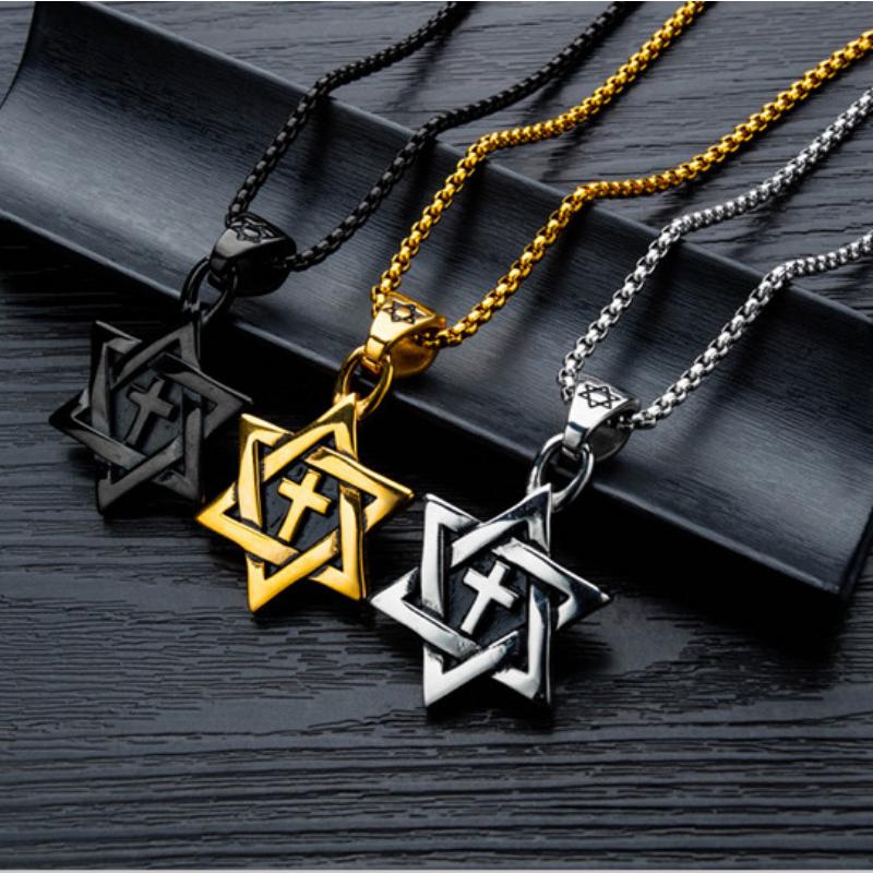 Hexagram Men's Necklace, Hip Hop Cross Pendant, Long Style