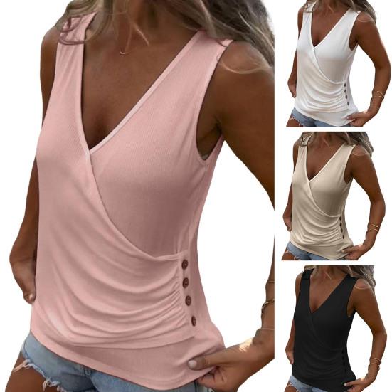 Женский жилет с V-образным вырезом, без рукавов, плиссированный, с пуговицами, декорированный, однотонный, летний, из мягкой эластичной ткани, топы