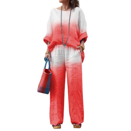 Женская футболка и брюки, комплект домашней одежды, градиентный контрастный цвет, топ с круглым вырезом и длинными рукавами