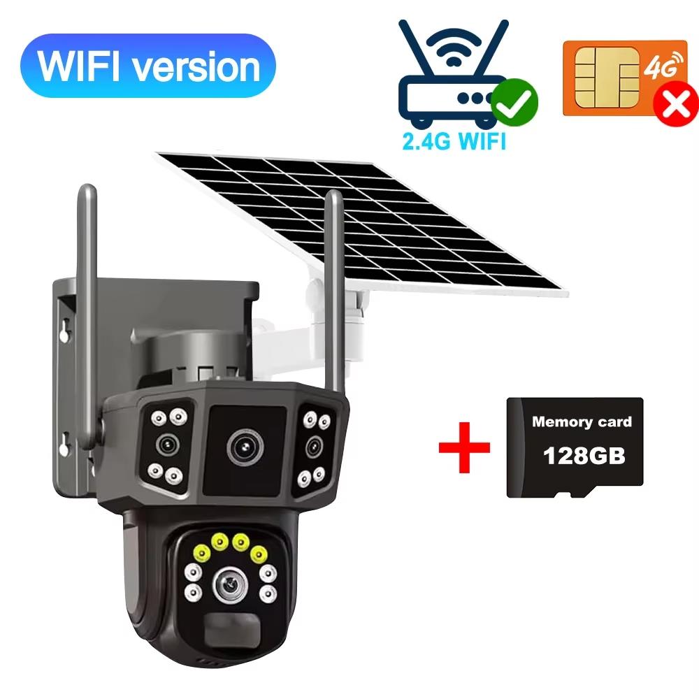 4K 8MP HD Dual Lens 4G SIM Solar Camera PTZ Auto Tracking Three Screens Outdoor Security Surveillance WIFI CCTV IP Cameras V380 APP