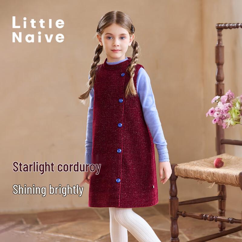 Little Naive Girl's Winter Corduroy Padded Vest Dress with Contrast Buttons