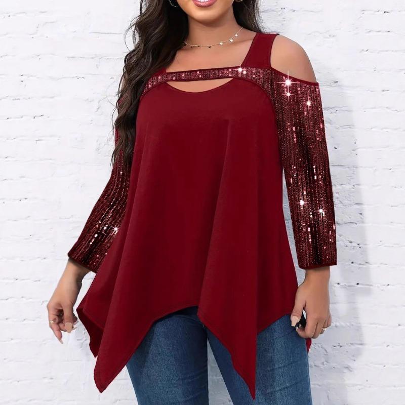 Весна Осень Уличный Стиль Ажурная Футболка с Пайетками Необычного Кроя Женская С Длинным Рукавом С Открытыми Плечами Пуловер Футболка Топ