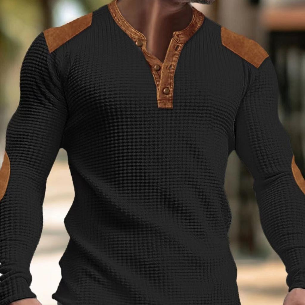 3D Breathable Men's Casual Sweatshirt Autumn V-Neck Top with Button Fashion Men's T-Shirt