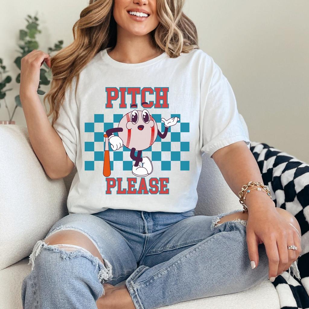 Funny Baseball T-Shirt, Pitch Please Cartoon Graphic, Casual Sports Shirt Perfect for Game Day, Humorous Gift for Baseball Fans