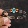 Copper Blue Turquoise Cuff Bracelet Yellow Coral & Red Coral Beads Bangle Copper Wire Wrapped Jewelry Adjustable Bracelet Gemstone Wire Cuff