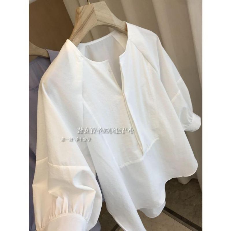 Женский пуловер однотонный простой стиль свободный круглый вырез рукав-фонарик рубашка топ