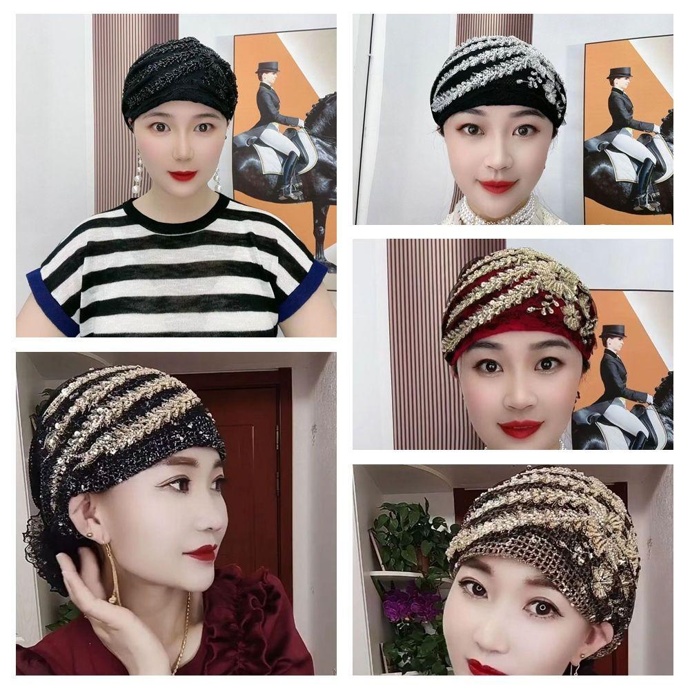 Head Scarf Lace Turban Hats Rhinestone Islamic Under Scarf Solid Color Summer Thin Headscarf  Girls