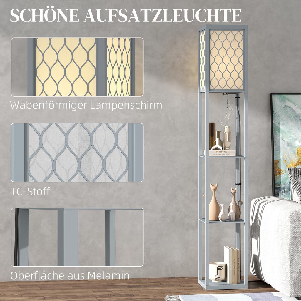 Floor Lamp with Shelf, 3 Compartments, Compact Dimensions, MDF, Light Grey