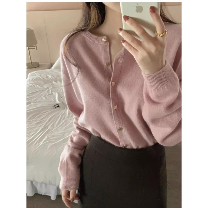 Soft waxy love button knitted cardigan women's autumn and winter gentle top small fragrant wind crew neck sweater short coat