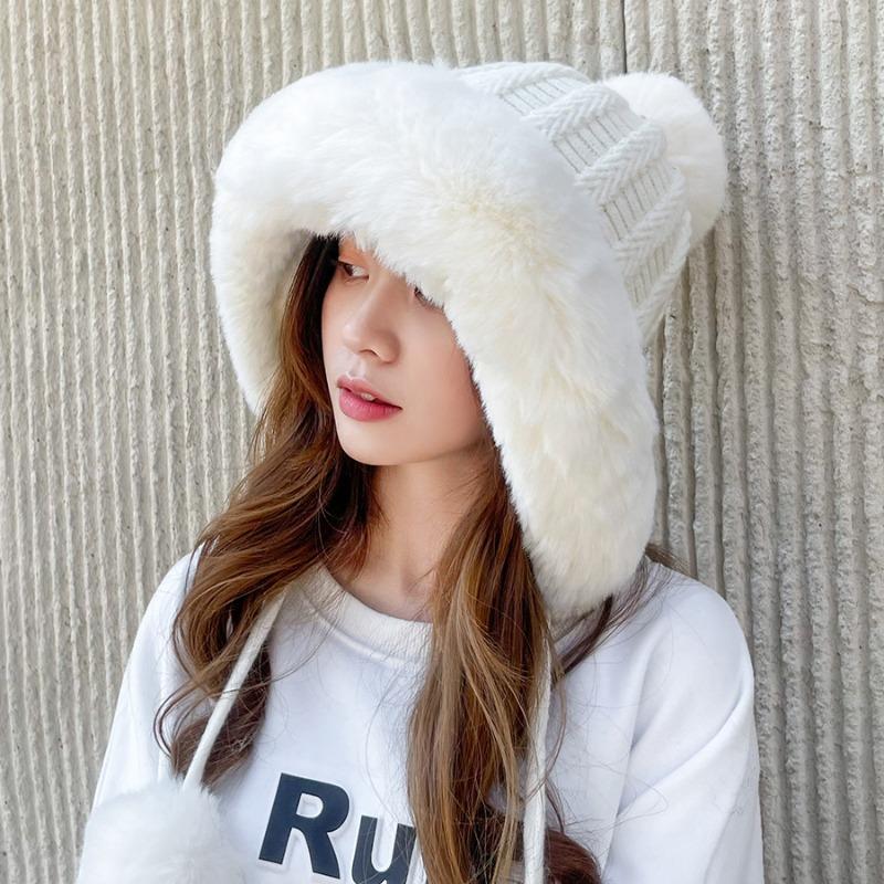Cashmere Knitted Hat Thick Ear Protection Woolen Hat Big Wool Collar Warm Hat