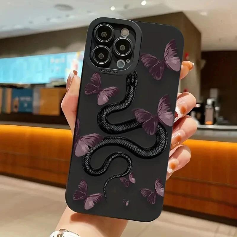 Черный змеиный графический чехол для телефона для iPhone 11 12 13 14 15 Pro Max X XS Max XR 8 7 Plus SE2020 Mini Ударопрочный мягкий силиконовый чехол