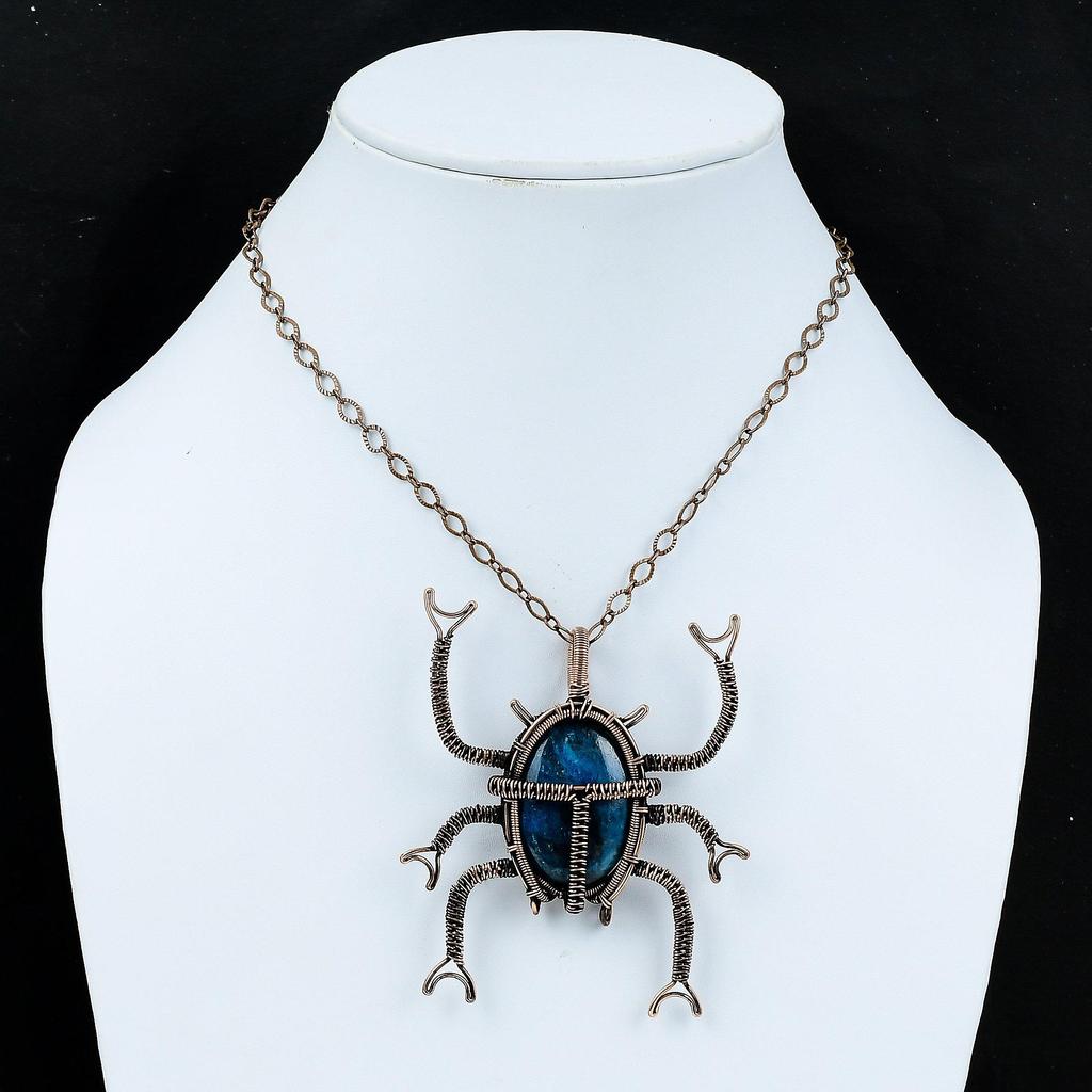 Неоновый Апатит Кулон Медная Проволока Обернутый Кулон Неоновый Апатит Ювелирные Изделия Кулон Ручной Работы Медные Ювелирные Изделия Драгоценный Камень Жук Подвеска Подарок Для Жены