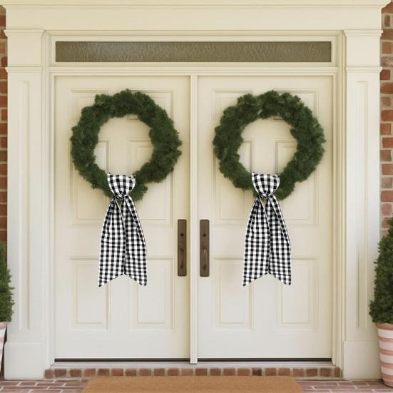 2Pcs Christmas Wreath Sash Plaid Print Garland Accessories Home Wedding Birthday Wreath Bow Indoor Outdoor Party Decor Gift