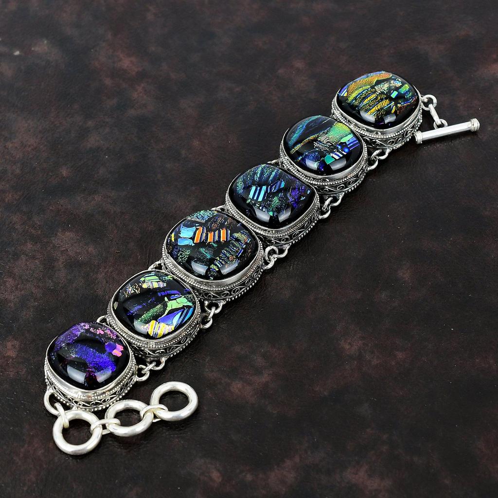 Браслет из американского дихроичного стекла, браслет из стерлингового серебра 925 пробы, регулируемый браслет-цепочка ручной работы, браслет из драгоценных камней, винтажные ювелирные изделия для подарка