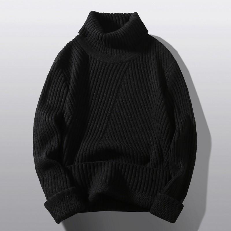 Mens Thickened High Neck Knit Sweater Slim Fit Solid Color Winter Warm Pullover Daily Wear