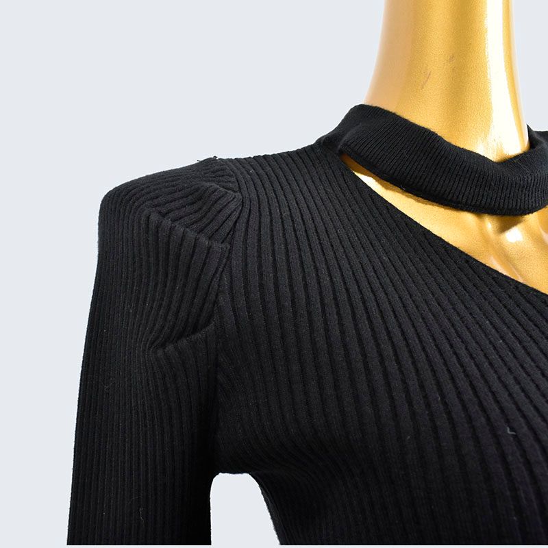 Autumn and Winter V-neck Hanging Neck Solid Knit Sweater Pullover Top Bottoming Shirt Women Clothes Puff Sleeve Hollow Design Sense