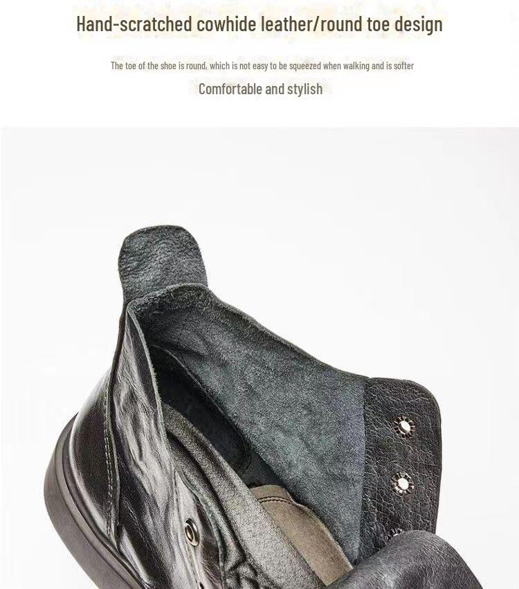 Men's Spring Leather Round-Toe Boots, Comfortable Wear-Resistant High-Top Shoes, Versatile British-Style Large-Size Mid-Top Martin Boots.