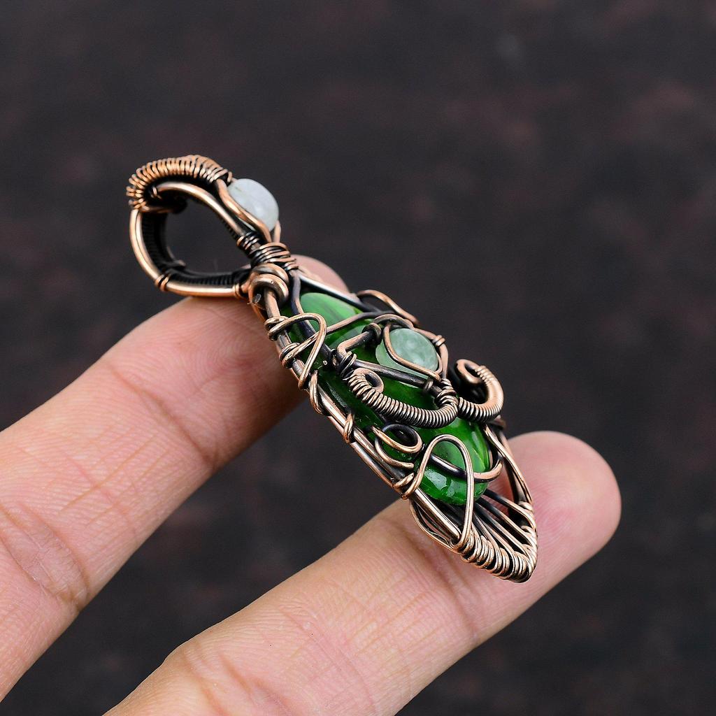 Сглаз, зеленый огонь, лабрадорит, кулон, медная проволока, кулон, кулон с лунным камнем, медные украшения, кулон с драгоценным камнем ручной работы, подарок для мамы