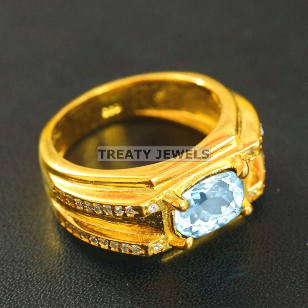 Aquamarine Oval Cut With 925 Sterling Silver Gold Plated Ring For Men's #A737 JL375659043641