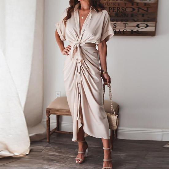 Платье макси с коротким рукавом, женское платье-туника с высокой талией и пуговицами, однотонное драпированное платье-туника, сарафан