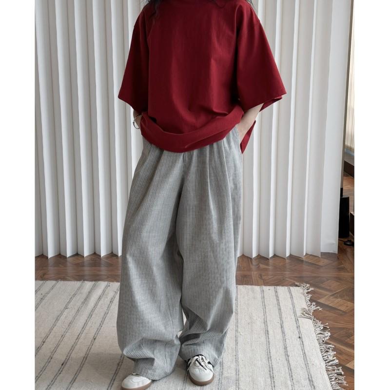 Johnature Korean Lazy Relaxed Striped Women Pants Spring Summer Casual Elastic Waist Loose Wide-leg Trousers